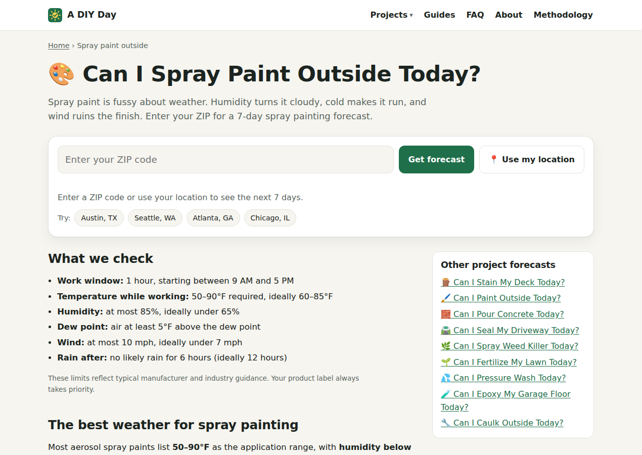 The Can I Spray Paint Outside Today page on A DIY Day, listing what it checks: 50 to 90°F, humidity at most 85% and ideally under 65%, the air at least 5°F above the dew point, wind under 10 mph, and 6 dry hours after