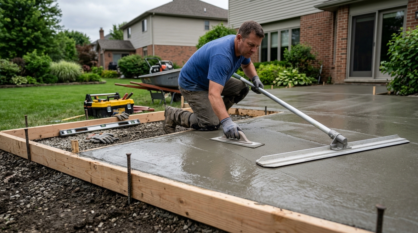 Homeowner finishing freshly poured outdoor residential concrete patio with magnesium bull float tool