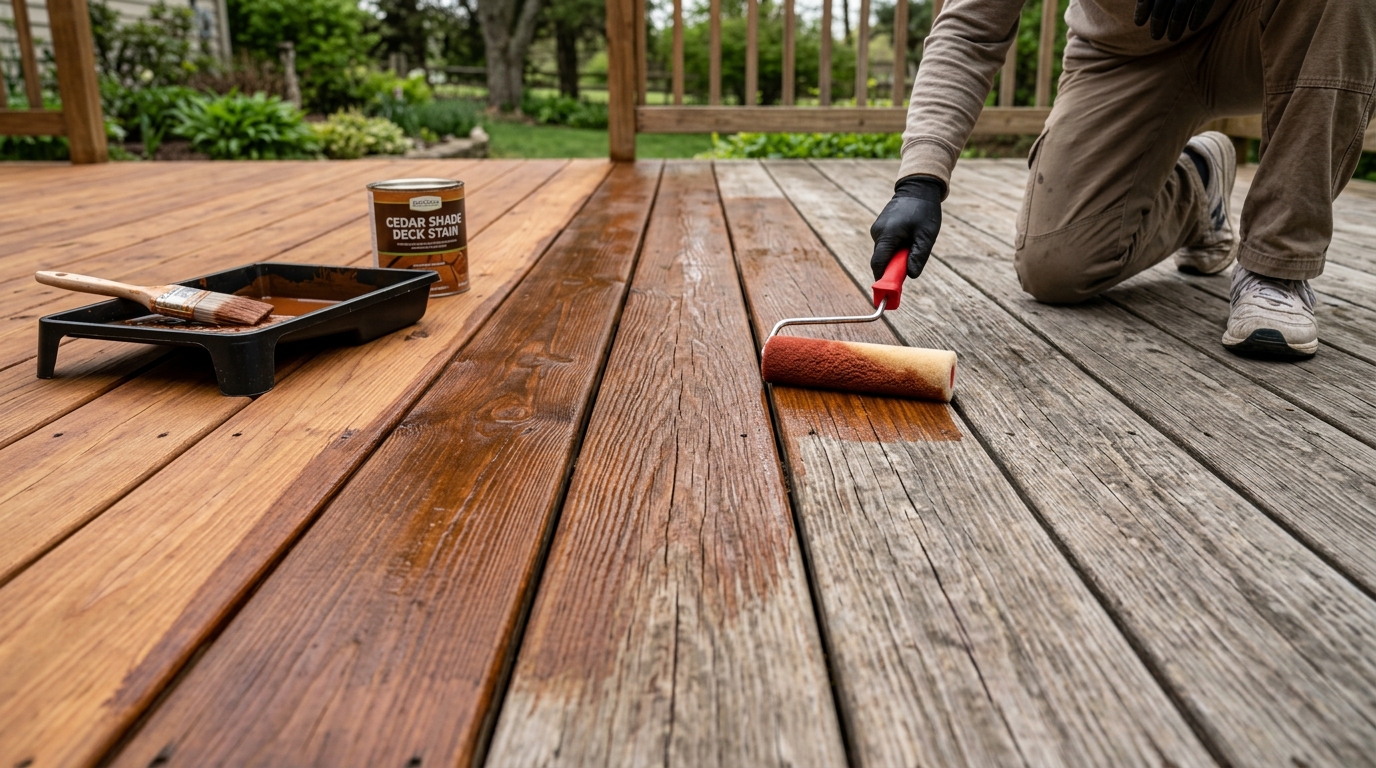 Split comparison showing deck staining in progress with rich cedar stain on wood boards next to weathered boards