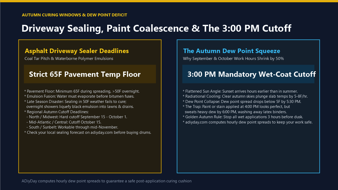 Autumn curing graphic showing asphalt driveway sealer deadlines and the 3:00 PM mandatory cutoff from dew point compression