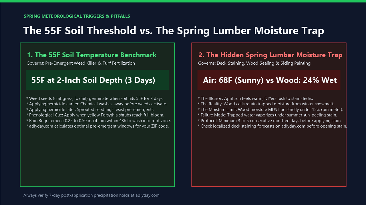 Spring meteorological triggers comparison showing 55F soil temperature benchmark versus hidden lumber moisture trap